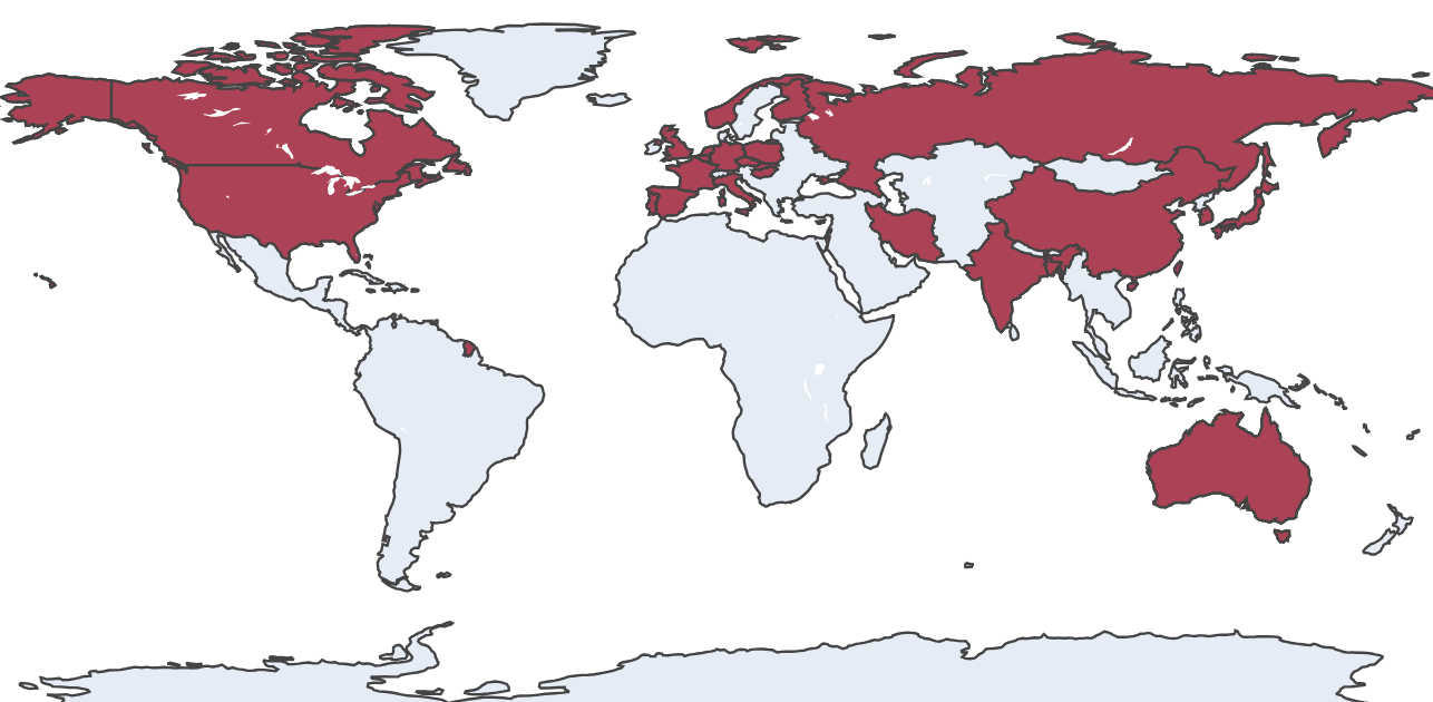 World map with red highlighted countries whose scientists use our datasets.